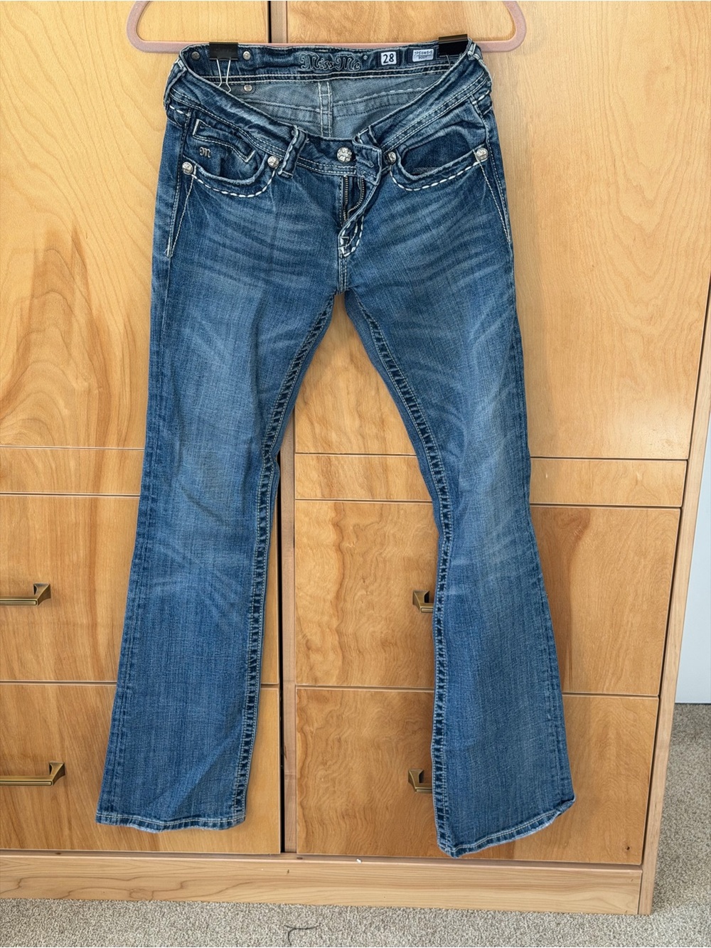 Miss Me Distressed Boot Cut Jeans Size 28. Embellished Cross Pocket Medium Wash